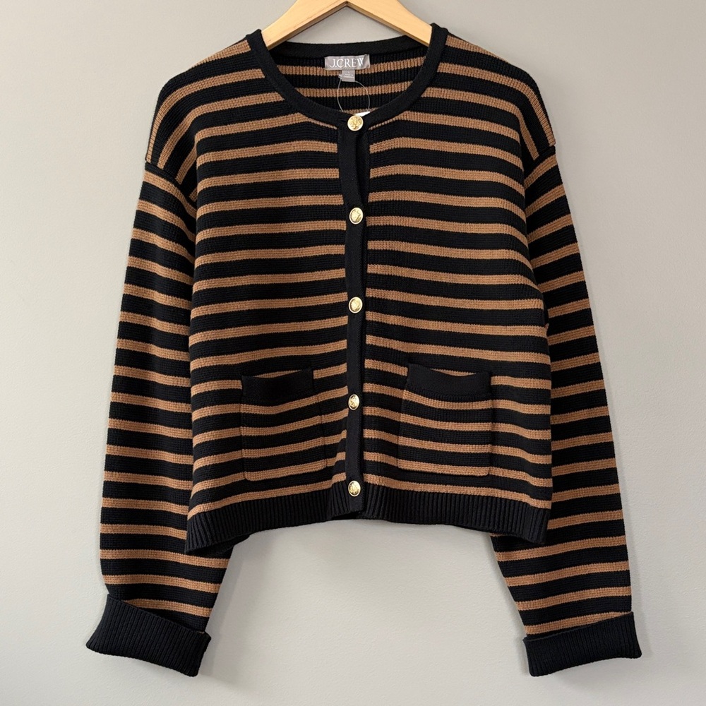 J. Crew Emilie Sweater Lady‎ Jacket Cardigan Large Black Caramel Tan Stripe NWT